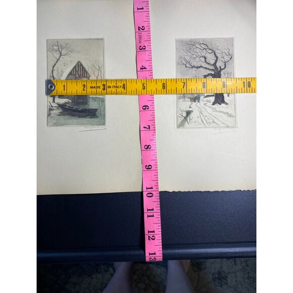 Broyelle Signed Hand-Colored Etchings Pair Rustic Winter French Folk Art Vibe - Picture 6 of 6